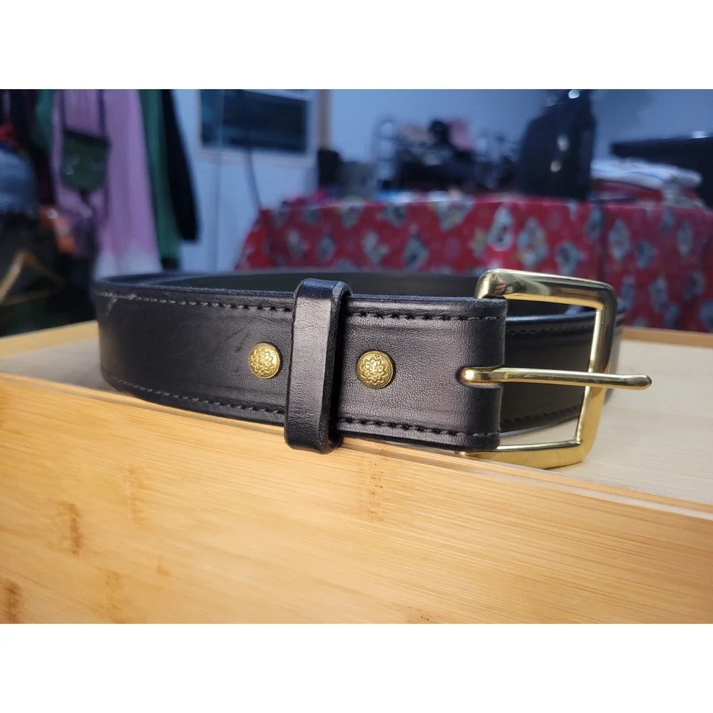 Forest Hill Black Leather Belt Mens‎ Size 48 Made in USA Brass Buckle Handcraft